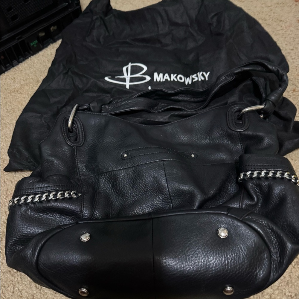 B. Makowsky Black Leather Tote with Chain Accents